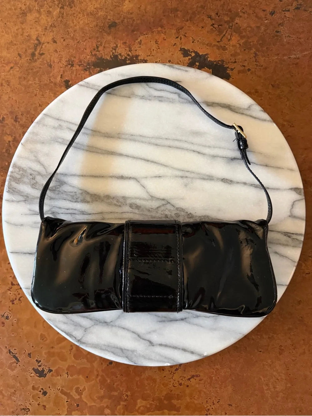 Vintage Gucci Black Patent Leather Clutch with Gold Crest